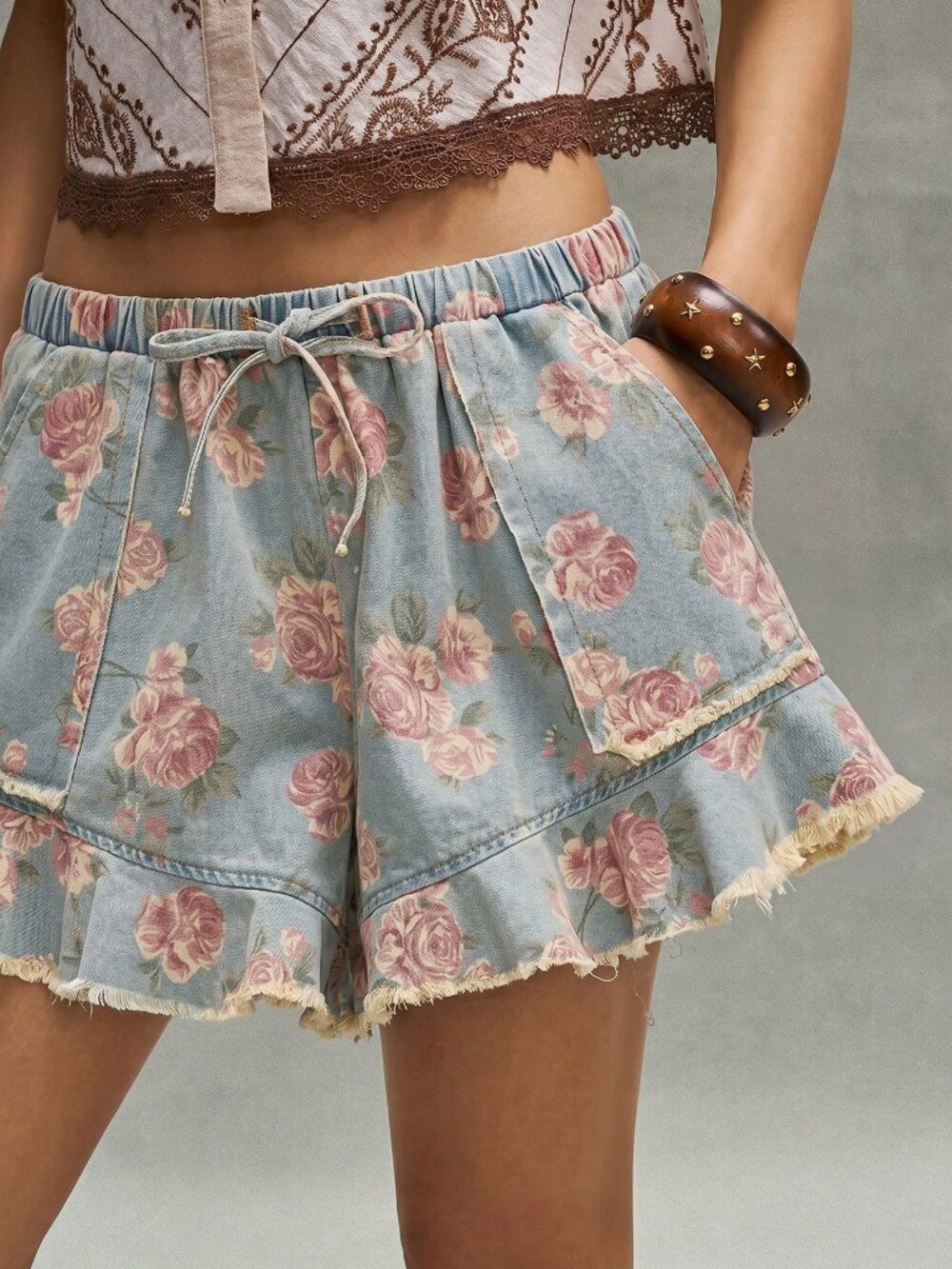 Light Wash Boho Women's Tie-Waist Floral Denim Skorts